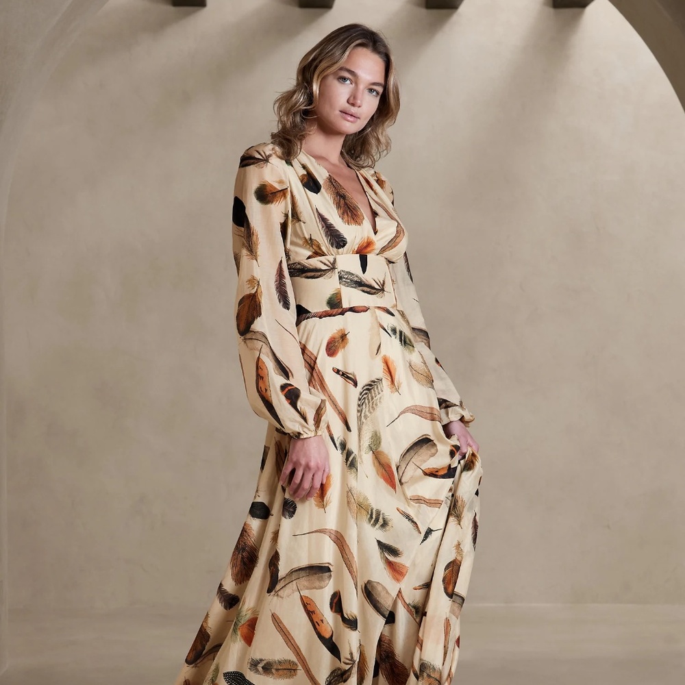 Banana Republic Feather Print Cotton-Silk Maxi Dress | Size 6 | Boho Luxe